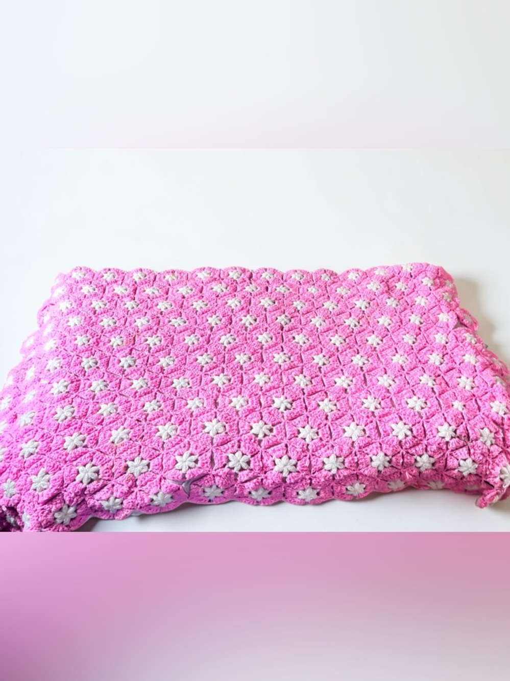 Pink Crochet Blanket Throw 62x37 Floral Granny Square Baby Gift